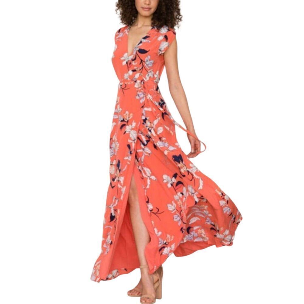 Yumi Kim Salmon Pink Floral Silk Swept Away Maxi Wrap Dress S